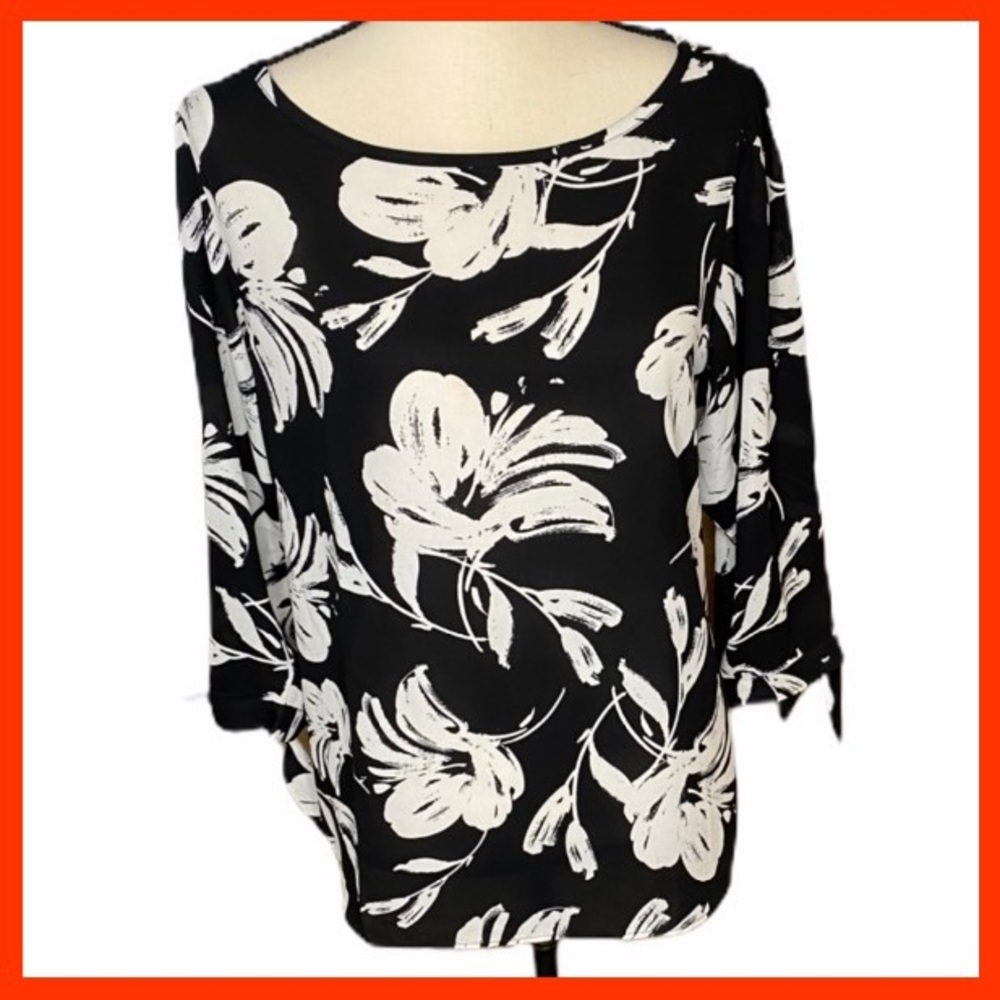 Loft Outlet Black & White Floral Tie Sleeve Top